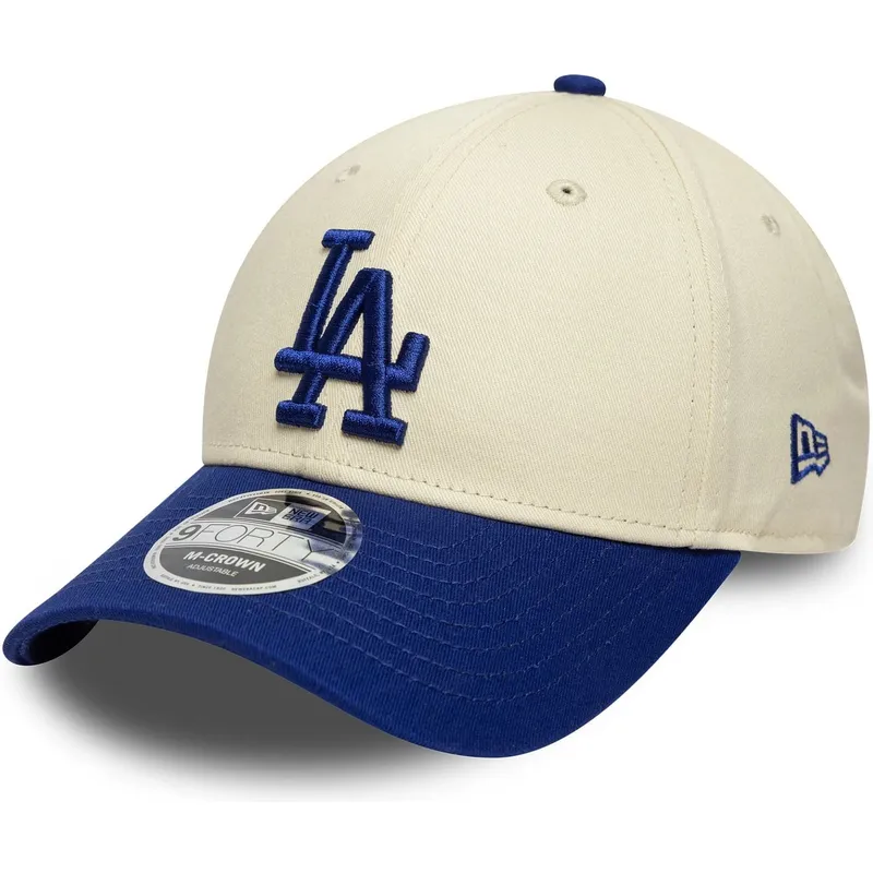 beige-und-blaue-gebogene-snapback-kappe-9forty-m-crown-der-los-angeles-dodgers-mlb-von-new-era