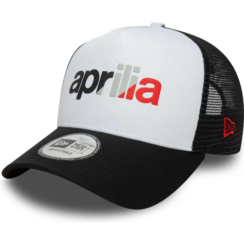 weisse-und-schwarze-trucker-kappe-a-frame-wordmark-von-aprilia-piaggio-von-new-era