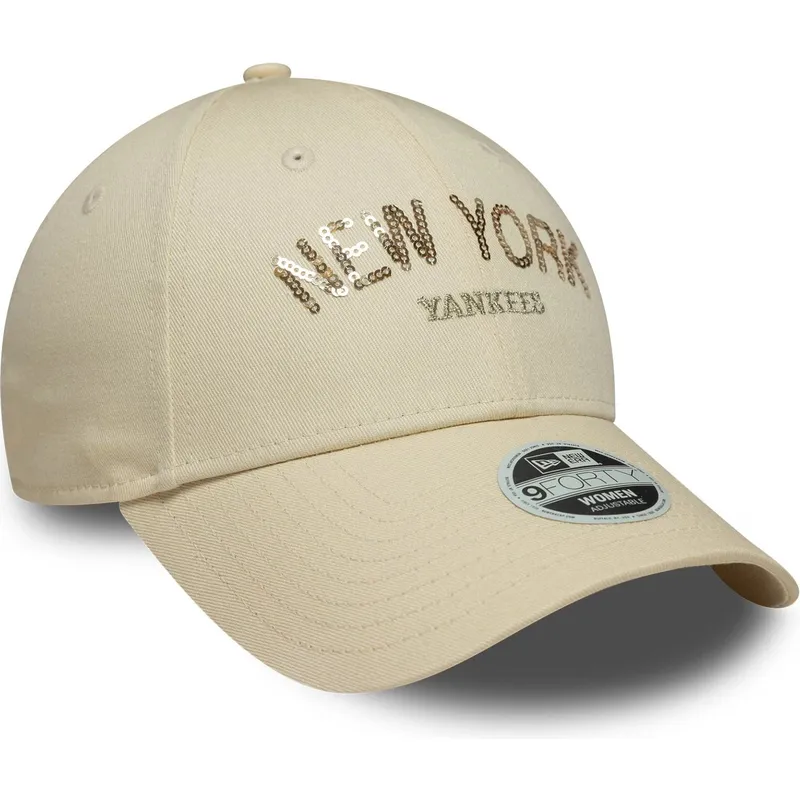 beige-verstellbare-curved-cap-fur-damen-9forty-sequin-wordmark-der-new-york-yankees-mlb-von-new-era
