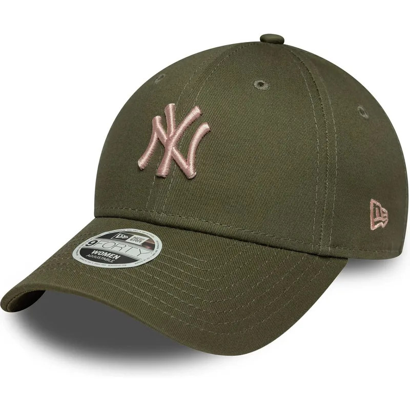 grune-verstellbare-curved-cap-mit-rosa-logo-fur-damen-9forty-league-essential-midi-der-new-york-yankees-mlb-von-new-era