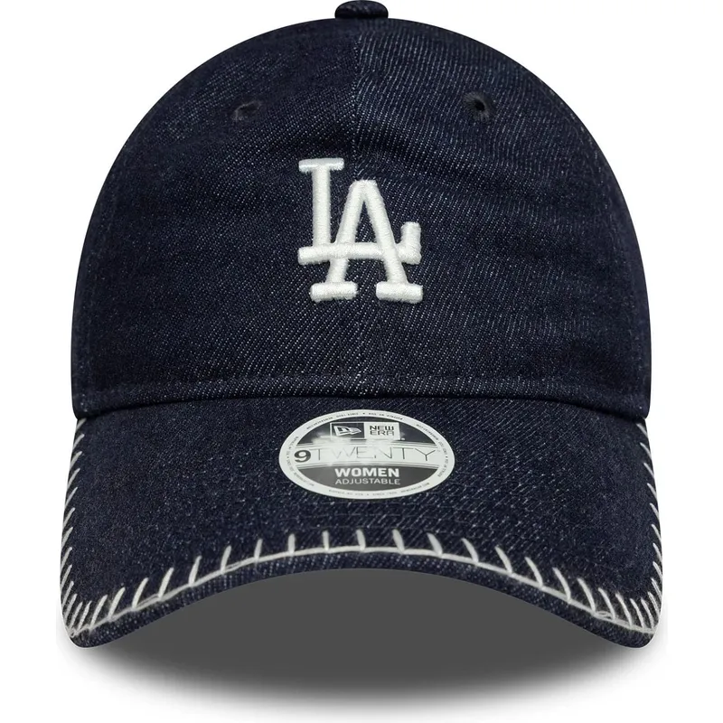 marineblaue-gebogene-verstellbare-damenkappe-9twenty-denim-stitch-der-los-angeles-dodgers-mlb-von-new-era