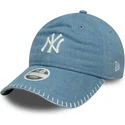 blaue-gebogene-verstellbare-damenkappe-9twenty-denim-stitch-der-new-york-yankees-mlb-von-new-era