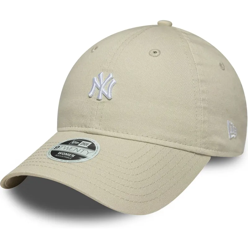 beige-gebogene-verstellbare-damenkappe-9twenty-washed-mini-der-new-york-yankees-mlb-von-new-era
