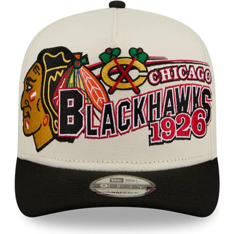 beige-und-schwarze-gebogene-snapback-kappe-9fifty-a-frame-classic-der-chicago-blackhawks-nhl-von-new-era