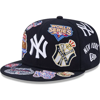 Marineblaue, angepasste 59FIFTY Flat Cap mit All Over Logos der New York Yankees MLB von New Era