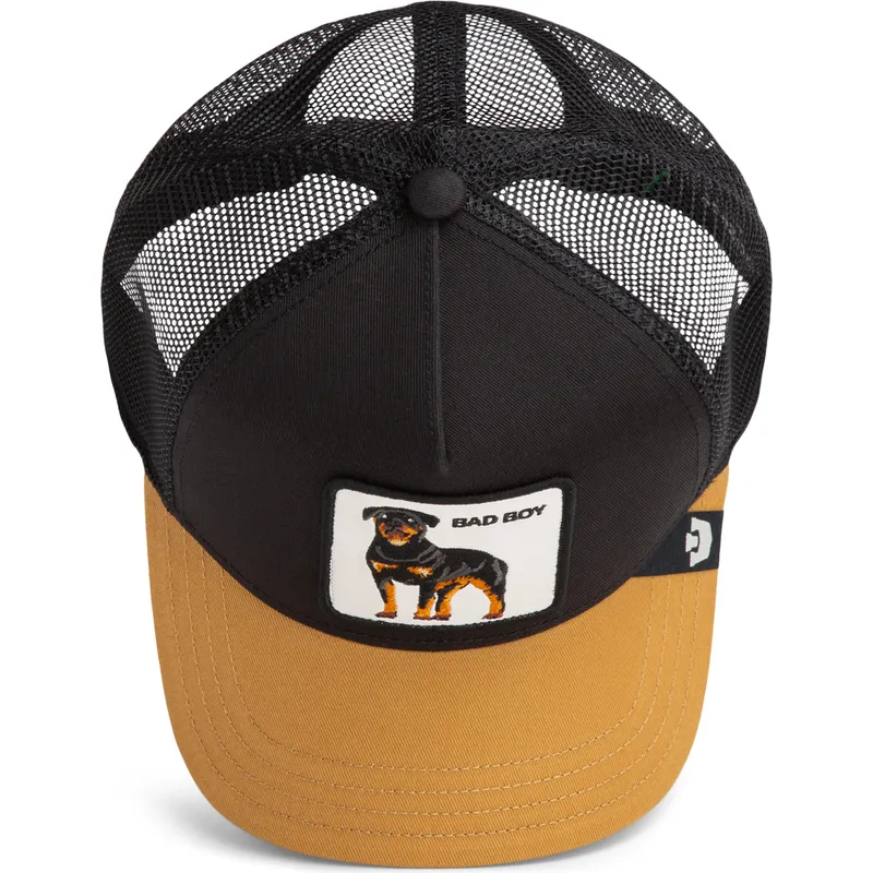 trucker-cap-schwarz-und-braun-hund-rottweiler-bad-boy-the-farm-von-goorin-bros
