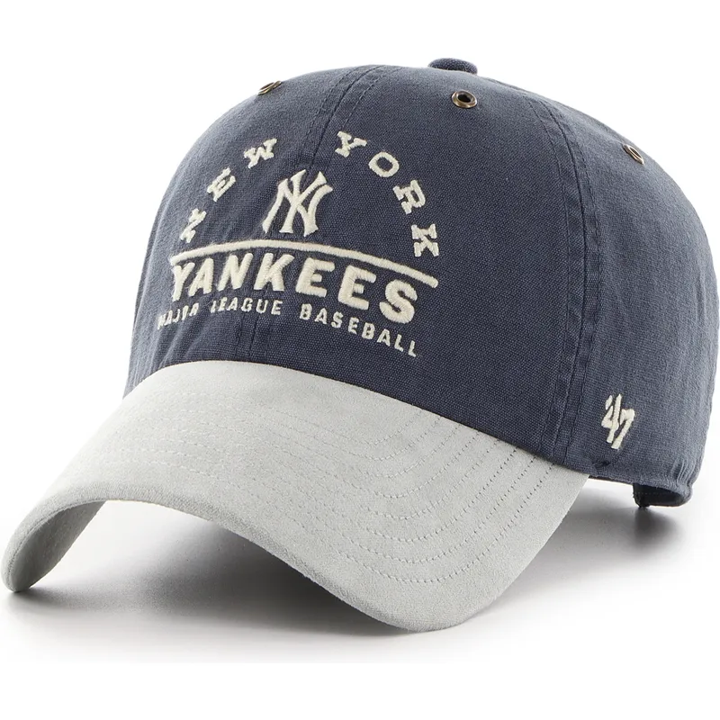 marineblaue-und-graue-verstellbare-gebogene-kappe-clean-up-windham-suede-vintage-der-new-york-yankees-mlb-von-47-brand