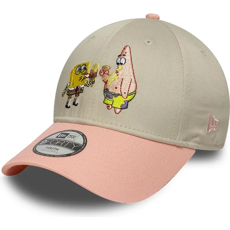 beige-und-rosa-gebogene-snapback-kappe-fur-kinder-9forty-von-spongebob-und-patrick-star-von-new-era