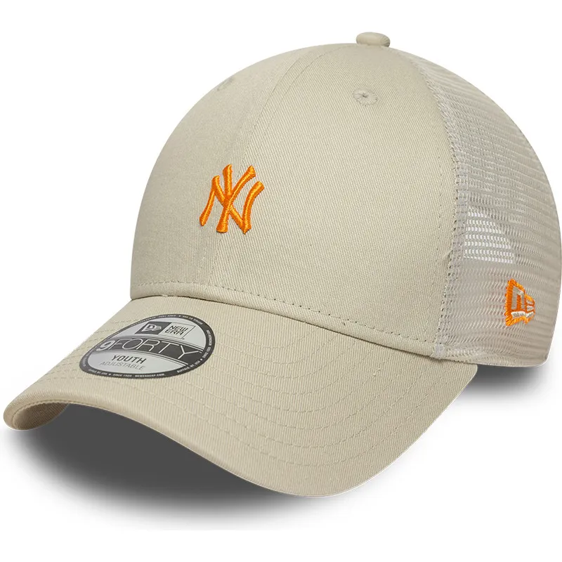 beige-verstellbare-trucker-kappe-mit-orangefarbenem-logo-fur-jungen-9forty-homefield-der-new-york-yankees-mlb-von-new-era