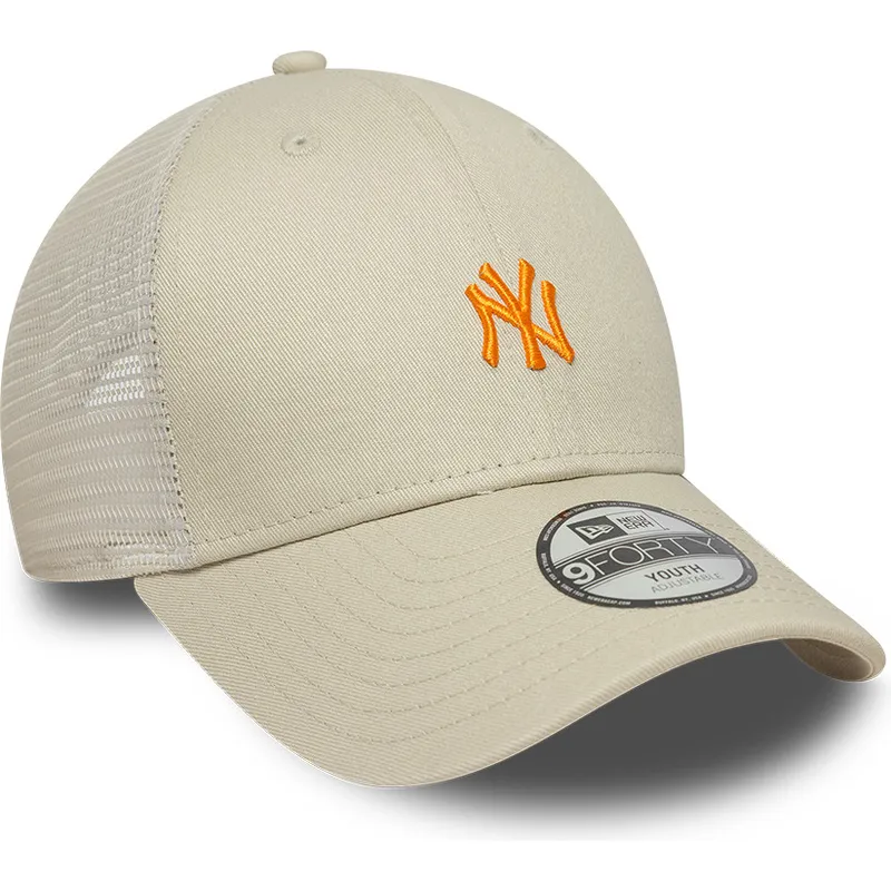 beige-verstellbare-trucker-kappe-mit-orangefarbenem-logo-fur-jungen-9forty-homefield-der-new-york-yankees-mlb-von-new-era