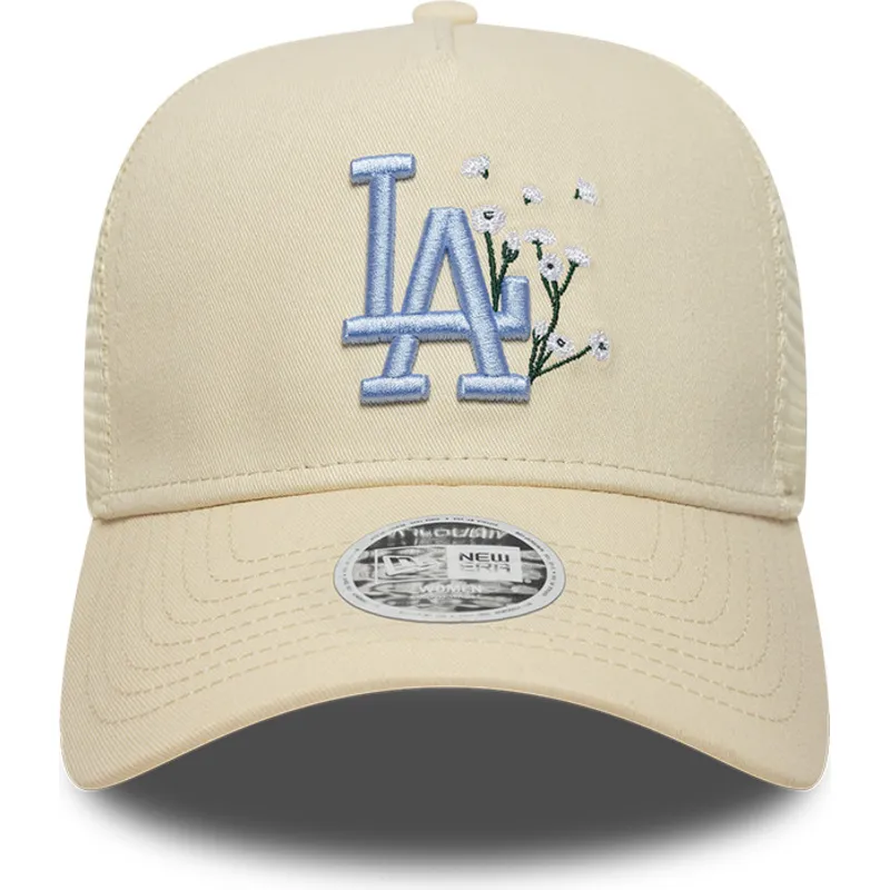 beige-trucker-cap-mit-blauem-logo-fur-damen-9forty-a-frame-floral-der-los-angeles-dodgers-mlb-von-new-era