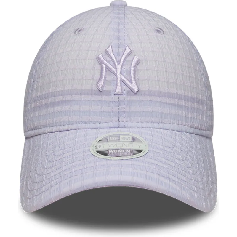 violette-verstellbare-curved-cap-mit-violettem-logo-fur-damen-9twenty-seersucker-der-new-york-yankees-mlb-von-new-era