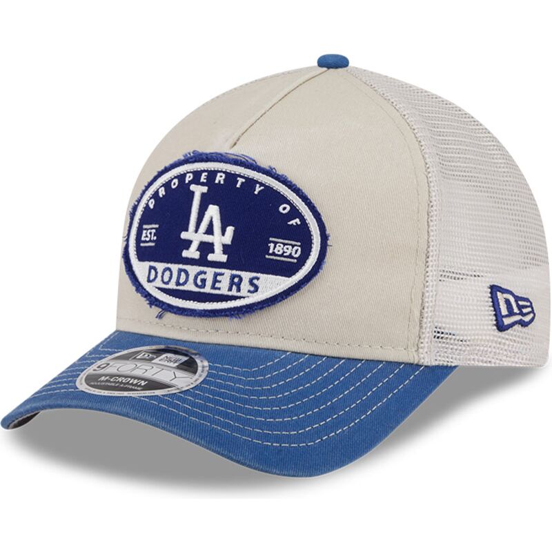 beige-und-blaue-trucker-kappe-9forty-m-crown-a-frame-fray-der-los-angeles-dodgers-mlb-von-new-era