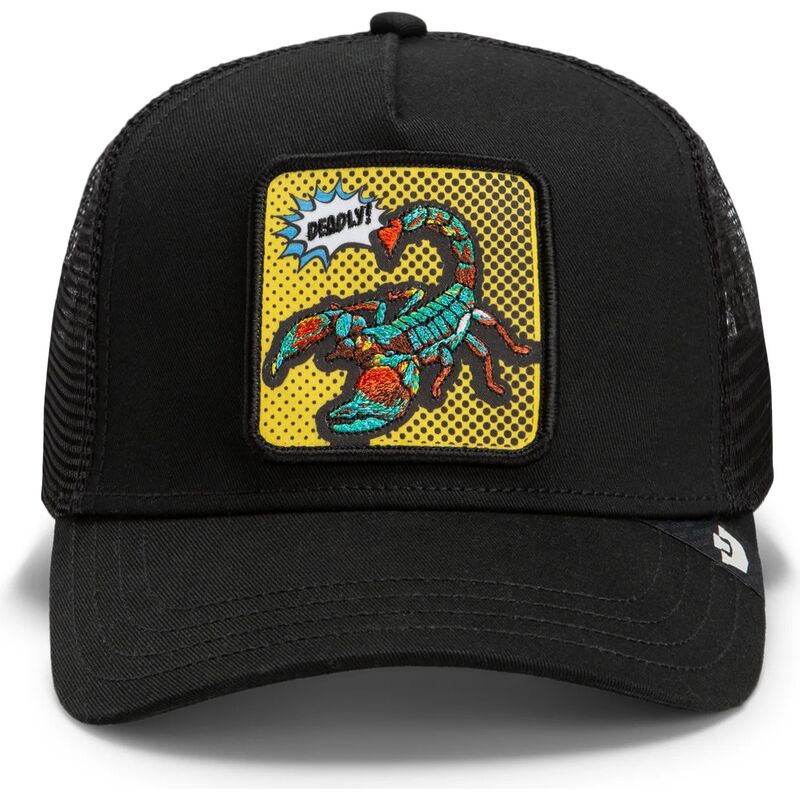 mutzen-gebogen-schwarz-snapback-deadly-scorpion-pop-art-strikes-back-the-farm-goorin-bros