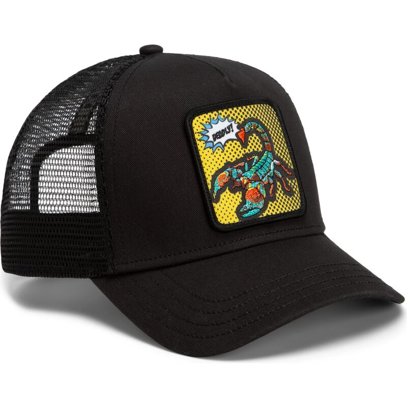 mutzen-gebogen-schwarz-snapback-deadly-scorpion-pop-art-strikes-back-the-farm-goorin-bros