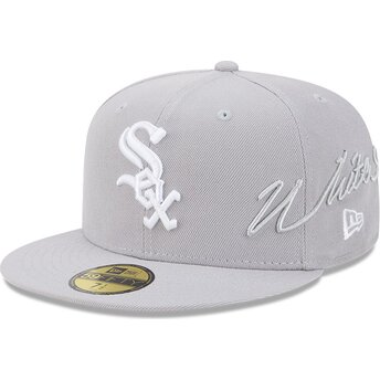 Mützen flach grau angepasst 59FIFTY Side Script der Chicago White Sox MLB von New Era