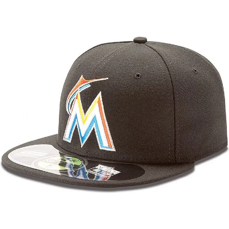 schwarze-flache-angepasste-59fifty-authentic-on-field-kappe-der-miami-marlins-mlb-von-new-era